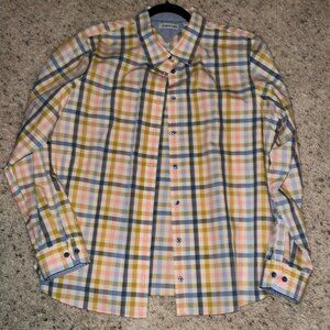 Orvis button down blouse gingham white blue pink yellow plus size 20 100% cotton